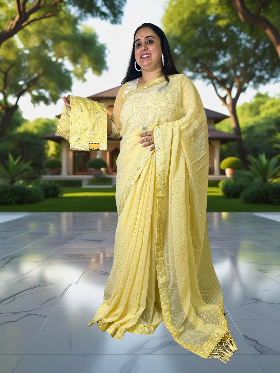 Lemon yellow georgette saree with thread embroidery and embroidered blouse