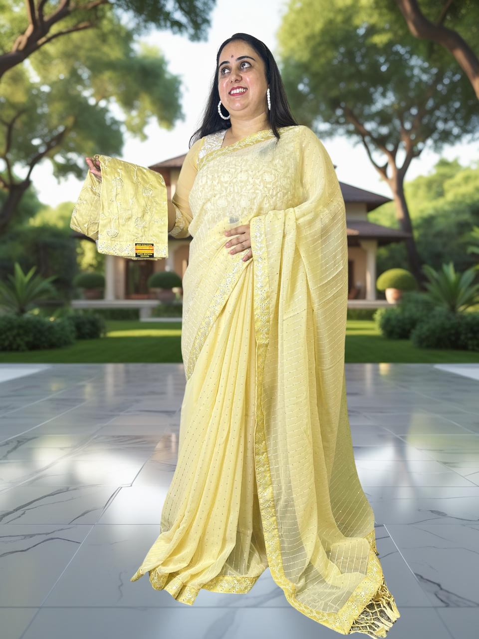 Lemon yellow georgette saree with thread embroidery and embroidered blouse
