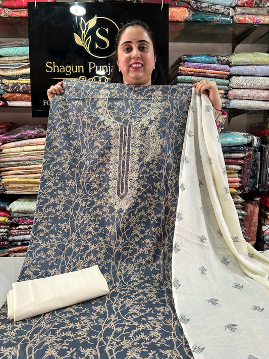 Grey Cotton Unstitched Salwar Suit