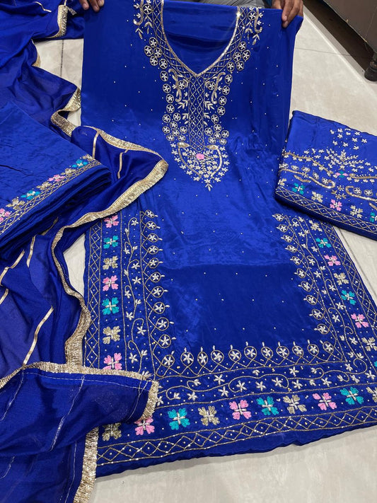 Crepe unstitched Punjabi suit with full heavy handwork and gota dupatta
