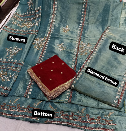 Diamond tissue unstitched suit with pearl and mirror handwork