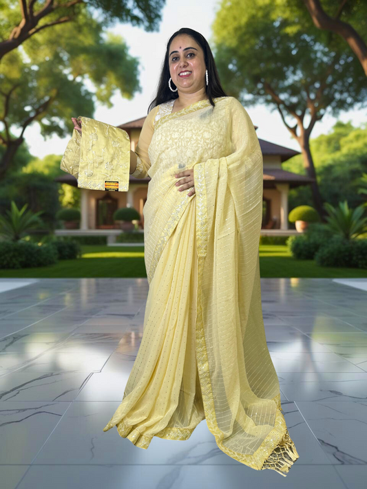 Lemon yellow georgette saree with thread embroidery and embroidered blouse

