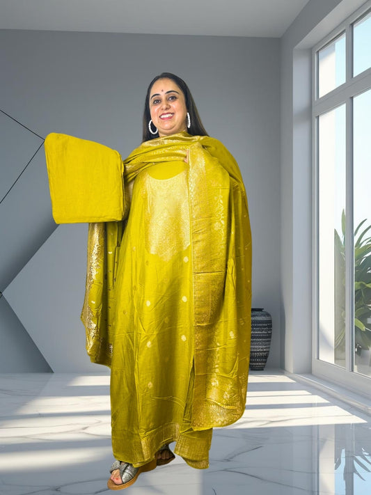 Muslin Banarasi suit set with cotton santoon bottom and matching dupatta – unstitched ethnic wear