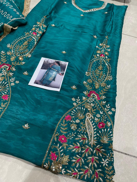 Tabby silk suit with full hand embroidery and Chinon dupatta